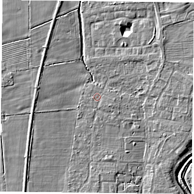 Shaded relief map of the ground around YO324AX, computed from Environment Agency LiDAR. The ground here sits at about 14 m above sea level and falls 8 m across the surrounding 800 m. The ground contributing surface water to this point lies to the south-east.