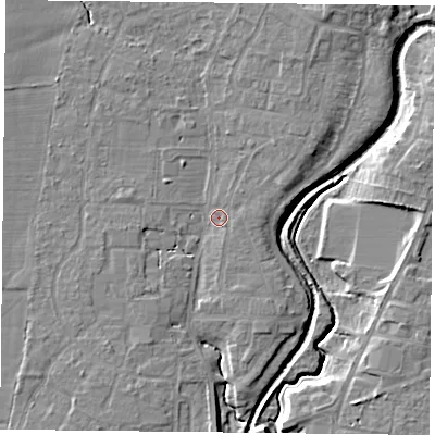 Shaded relief map of the ground around YO324BL, computed from Environment Agency LiDAR. The ground here sits at about 13 m above sea level and falls 8 m across the surrounding 800 m. Surface water reaching this point runs off ground lying to the north-north-east, 3.6 m higher.