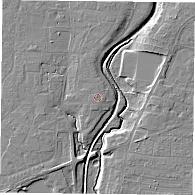 Shaded relief map of the ground around YO324BN, computed from Environment Agency LiDAR. The ground here sits at about 14 m above sea level and falls 8 m across the surrounding 800 m. The ground contributing surface water to this point lies to the north-north-west.