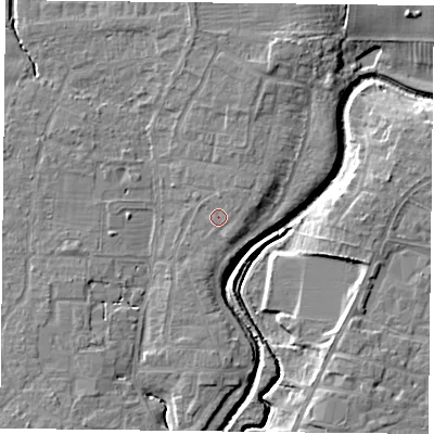 Shaded relief map of the ground around YO324BU, computed from Environment Agency LiDAR. The ground here sits at about 14 m above sea level and falls 8 m across the surrounding 800 m. Surface water reaching this point runs off ground lying to the north-north-east, 1.3 m higher.