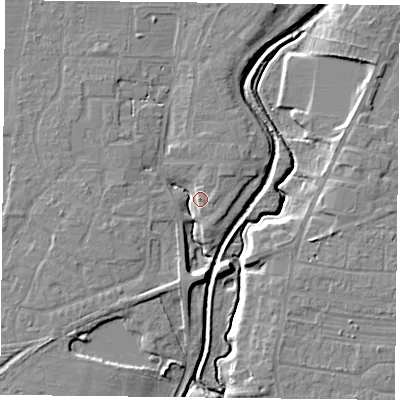 Shaded relief map of the ground around YO324BW, computed from Environment Agency LiDAR. The ground here sits at about 13 m above sea level and falls 8 m across the surrounding 800 m. Surface water reaching this point runs off ground lying to the west, 4.9 m higher.