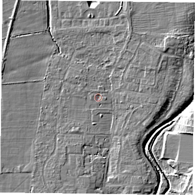 Shaded relief map of the ground around YO324BY, computed from Environment Agency LiDAR. The ground here sits at about 13 m above sea level and falls 8 m across the surrounding 800 m. Surface water reaching this point runs off ground lying to the west-north-west, 0.9 m higher.