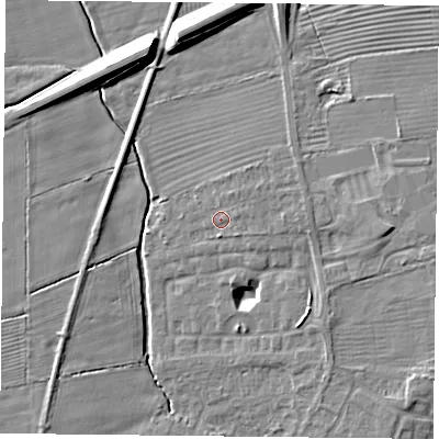 Shaded relief map of the ground around YO324DB, computed from Environment Agency LiDAR. The ground here sits at about 15 m above sea level and falls 11 m across the surrounding 800 m. Surface water reaching this point runs off ground lying to the east-north-east, 1.5 m higher.