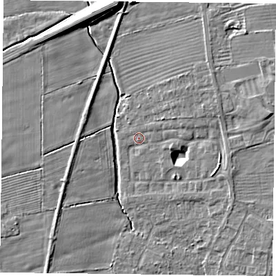 Shaded relief map of the ground around YO324DH, computed from Environment Agency LiDAR. The ground here sits at about 14 m above sea level and falls 11 m across the surrounding 800 m. Surface water reaching this point runs off ground lying to the east-north-east, 1.9 m higher.