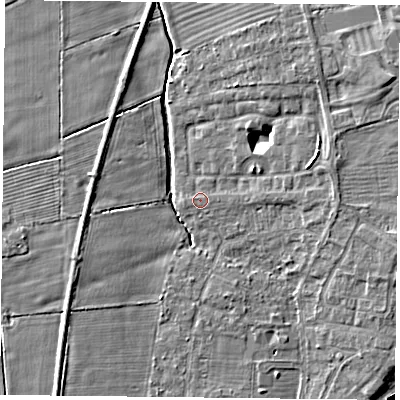 Shaded relief map of the ground around YO324DJ, computed from Environment Agency LiDAR. The ground here sits at about 14 m above sea level and falls 8 m across the surrounding 800 m. Surface water reaching this point runs off ground lying to the east-north-east, 2.6 m higher.