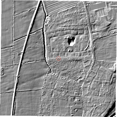 Shaded relief map of the ground around YO324DL, computed from Environment Agency LiDAR. The ground here sits at about 14 m above sea level and falls 8 m across the surrounding 800 m. Surface water reaching this point runs off ground lying to the east-north-east, 2.6 m higher.