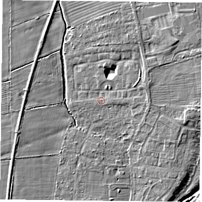 Shaded relief map of the ground around YO324DN, computed from Environment Agency LiDAR. The ground here sits at about 14 m above sea level and falls 8 m across the surrounding 800 m. Surface water reaching this point runs off ground lying to the east, 1.1 m higher.