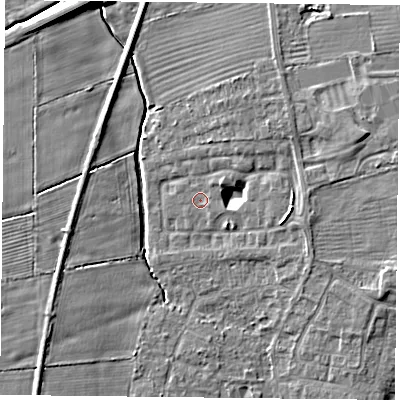 Shaded relief map of the ground around YO324DS, computed from Environment Agency LiDAR. The ground here sits at about 14 m above sea level and falls 8 m across the surrounding 800 m. Surface water reaching this point runs off ground lying to the east-north-east, 6.2 m higher.