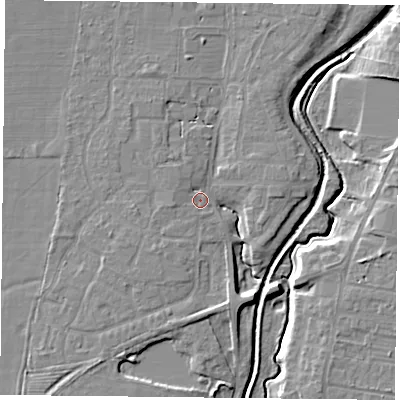 Shaded relief map of the ground around YO324DX, computed from Environment Agency LiDAR. The ground here sits at about 13 m above sea level and falls 8 m across the surrounding 800 m. Surface water reaching this point runs off ground lying to the south-west, 4.9 m higher.