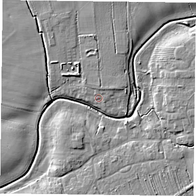 Shaded relief map of the ground around YO325BL, computed from Environment Agency LiDAR. The ground here sits at about 17 m above sea level and falls 7 m across the surrounding 800 m. Surface water reaching this point runs off ground lying to the north-east, 1.9 m higher.