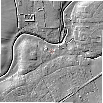 Shaded relief map of the ground around YO325RR, computed from Environment Agency LiDAR. The ground here sits at about 16 m above sea level and falls 8 m across the surrounding 800 m. Surface water reaching this point runs off ground lying to the south-west, 4.7 m higher.
