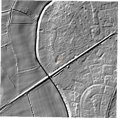 Shaded relief map of the ground around YO325RS, computed from Environment Agency LiDAR. The ground here sits at about 15 m above sea level and falls 7 m across the surrounding 800 m. Surface water reaching this point runs off ground lying to the east, 1.2 m higher.