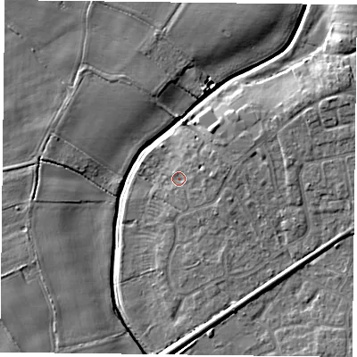 Shaded relief map of the ground around YO325RT, computed from Environment Agency LiDAR. The ground here sits at about 15 m above sea level and falls 7 m across the surrounding 800 m. Surface water reaching this point runs off ground lying to the east, 2.5 m higher.