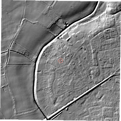 Shaded relief map of the ground around YO325RU, computed from Environment Agency LiDAR. The ground here sits at about 16 m above sea level and falls 8 m across the surrounding 800 m. Surface water reaching this point runs off ground lying to the east-north-east, 1.9 m higher.