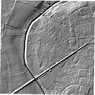 Shaded relief map of the ground around YO325RW, computed from Environment Agency LiDAR. The ground here sits at about 16 m above sea level and falls 8 m across the surrounding 800 m. Surface water reaching this point runs off ground lying to the north-north-east, 1.3 m higher.