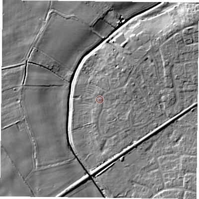 Shaded relief map of the ground around YO325RX, computed from Environment Agency LiDAR. The ground here sits at about 15 m above sea level and falls 8 m across the surrounding 800 m. Surface water reaching this point runs off ground lying to the east-north-east, 1.8 m higher.