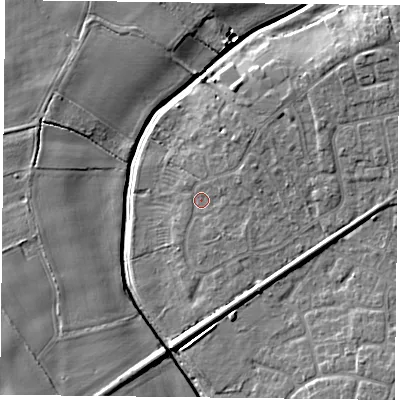 Shaded relief map of the ground around YO325RY, computed from Environment Agency LiDAR. The ground here sits at about 15 m above sea level and falls 8 m across the surrounding 800 m. Surface water reaching this point runs off ground lying to the east-north-east, 1.7 m higher.