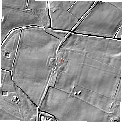 Shaded relief map of the ground around YO325TT, computed from Environment Agency LiDAR. The ground here sits at about 21 m above sea level and falls 7 m across the surrounding 800 m. Surface water reaching this point runs off ground lying to the south, 0.9 m higher.