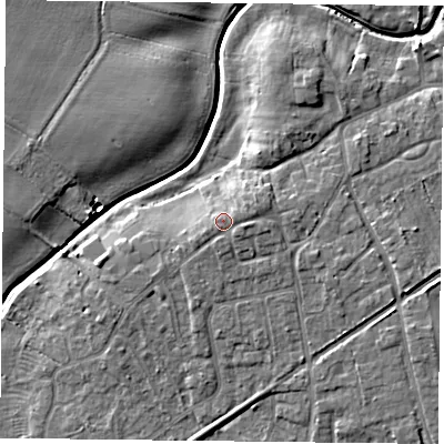 Shaded relief map of the ground around YO325UH, computed from Environment Agency LiDAR. The ground here sits at about 19 m above sea level and falls 8 m across the surrounding 800 m. Surface water reaching this point runs off ground lying to the east-south-east, 1.1 m higher.