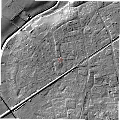 Shaded relief map of the ground around YO325UP, computed from Environment Agency LiDAR. The ground here sits at about 17 m above sea level and falls 8 m across the surrounding 800 m. Surface water reaching this point runs off ground lying to the north-north-east, 2.9 m higher.