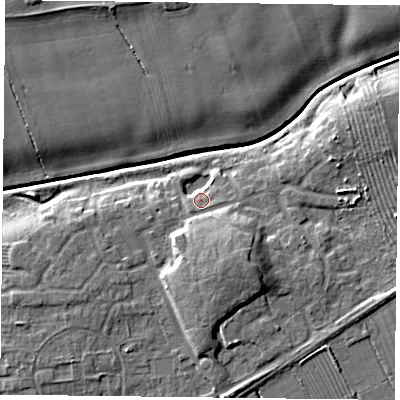 Shaded relief map of the ground around YO325WB, computed from Environment Agency LiDAR. The ground here sits at about 18 m above sea level and falls 10 m across the surrounding 800 m. Surface water reaching this point runs off ground lying to the south-south-east, 5.2 m higher.