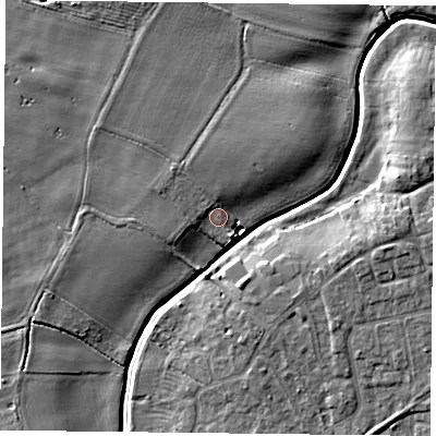 Shaded relief map of the ground around YO325WH, computed from Environment Agency LiDAR. The ground here sits at about 16 m above sea level and falls 7 m across the surrounding 800 m. Surface water reaching this point runs off ground lying to the north-north-west, 2.3 m higher.