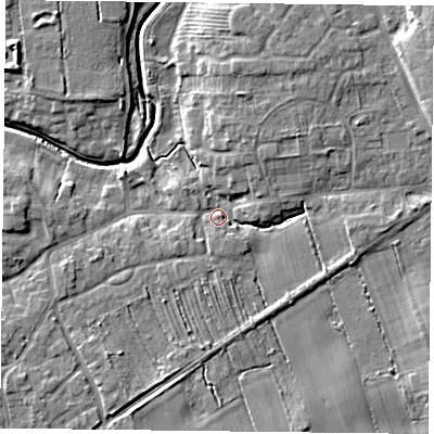 Shaded relief map of the ground around YO325XA, computed from Environment Agency LiDAR. The ground here sits at about 17 m above sea level and falls 10 m across the surrounding 800 m. Surface water reaching this point runs off ground lying to the north-east, 7.1 m higher.