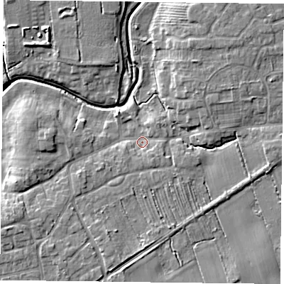 Shaded relief map of the ground around YO325XR, computed from Environment Agency LiDAR. The ground here sits at about 16 m above sea level and falls 8 m across the surrounding 800 m. Surface water reaching this point runs off ground lying to the south-south-east, 2.3 m higher.