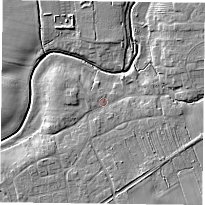 Shaded relief map of the ground around YO325XS, computed from Environment Agency LiDAR. The ground here sits at about 17 m above sea level and falls 7 m across the surrounding 800 m. Surface water reaching this point runs off ground lying to the south-south-west, 1.7 m higher.