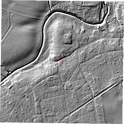 Shaded relief map of the ground around YO325XU, computed from Environment Agency LiDAR. The ground here sits at about 17 m above sea level and falls 8 m across the surrounding 800 m. Surface water reaching this point runs off ground lying to the north-north-east, 2.6 m higher.