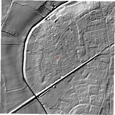 Shaded relief map of the ground around YO325YH, computed from Environment Agency LiDAR. The ground here sits at about 16 m above sea level and falls 8 m across the surrounding 800 m. Surface water reaching this point runs off ground lying to the north-north-east, 0.9 m higher.