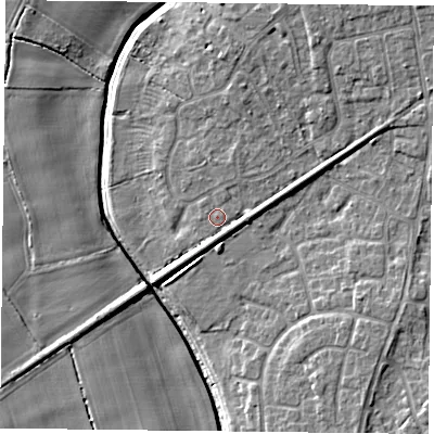 Shaded relief map of the ground around YO325YJ, computed from Environment Agency LiDAR. The ground here sits at about 16 m above sea level and falls 7 m across the surrounding 800 m. Surface water reaching this point runs off ground lying to the north-east, 3.7 m higher.
