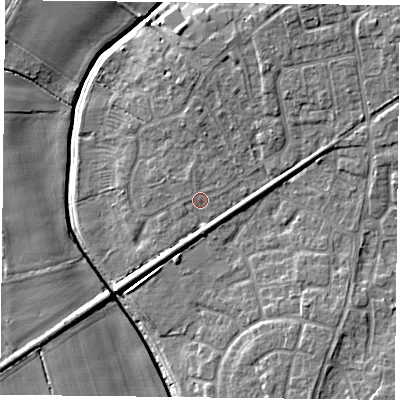 Shaded relief map of the ground around YO325YQ, computed from Environment Agency LiDAR. The ground here sits at about 16 m above sea level and falls 8 m across the surrounding 800 m. Surface water reaching this point runs off ground lying to the north-north-east, 0.6 m higher.
