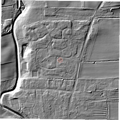 Shaded relief map of the ground around YO329FY, computed from Environment Agency LiDAR. The ground here sits at about 17 m above sea level and falls 9 m across the surrounding 800 m. Surface water reaching this point runs off ground lying to the south-east, 0.7 m higher.