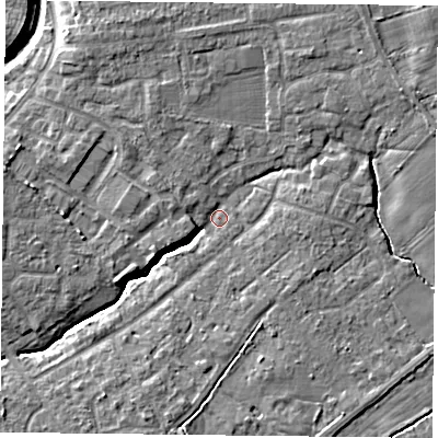 Shaded relief map of the ground around YO329GB, computed from Environment Agency LiDAR. The ground here sits at about 13 m above sea level and falls 7 m across the surrounding 800 m. Surface water reaching this point runs off ground lying to the south-south-east, 3.3 m higher.