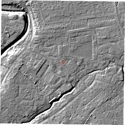 Shaded relief map of the ground around YO329GE, computed from Environment Agency LiDAR. The ground here sits at about 14 m above sea level and falls 7 m across the surrounding 800 m. Surface water reaching this point runs off ground lying to the north-north-west, 1.6 m higher.
