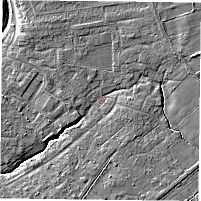 Shaded relief map of the ground around YO329GR, computed from Environment Agency LiDAR. The ground here sits at about 13 m above sea level and falls 7 m across the surrounding 800 m. Surface water reaching this point runs off ground lying to the north-west, 3.2 m higher.