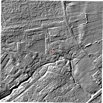 Shaded relief map of the ground around YO329JT, computed from Environment Agency LiDAR. The ground here sits at about 13 m above sea level and falls 6 m across the surrounding 800 m. Surface water reaching this point runs off ground lying to the east-north-east, 0.9 m higher.