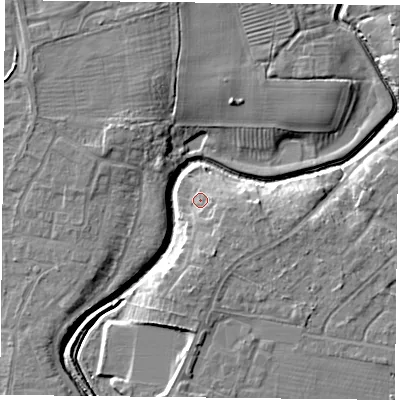 Shaded relief map of the ground around YO329PP, computed from Environment Agency LiDAR. The ground here sits at about 13 m above sea level and falls 8 m across the surrounding 800 m. Surface water reaching this point runs off ground lying to the south-east, 3.2 m higher.