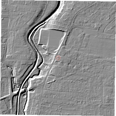 Shaded relief map of the ground around YO329PX, computed from Environment Agency LiDAR. The ground here sits at about 16 m above sea level and falls 8 m across the surrounding 800 m. Surface water reaching this point runs off ground lying to the north-east, 1.3 m higher.