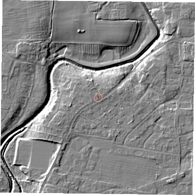Shaded relief map of the ground around YO329PY, computed from Environment Agency LiDAR. The ground here sits at about 16 m above sea level and falls 8 m across the surrounding 800 m. Surface water reaching this point runs off ground lying to the north-east, 0.9 m higher.