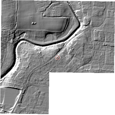 Shaded relief map of the ground around YO329QA, computed from Environment Agency LiDAR. The ground here sits at about 16 m above sea level and falls 8 m across the surrounding 800 m. Surface water reaching this point runs off ground lying to the south-south-west, 2.2 m higher.