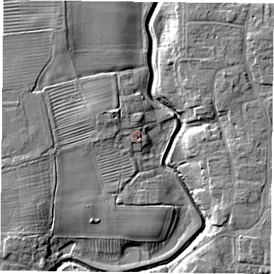 Shaded relief map of the ground around YO329RE, computed from Environment Agency LiDAR. The ground here sits at about 15 m above sea level and falls 8 m across the surrounding 800 m. Surface water reaching this point runs off ground lying to the north-west, 4.0 m higher.