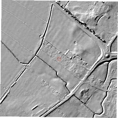 Shaded relief map of the ground around YO329TF, computed from Environment Agency LiDAR. The ground here sits at about 14 m above sea level and falls 9 m across the surrounding 800 m. Surface water reaching this point runs off ground lying to the east, 2.3 m higher.