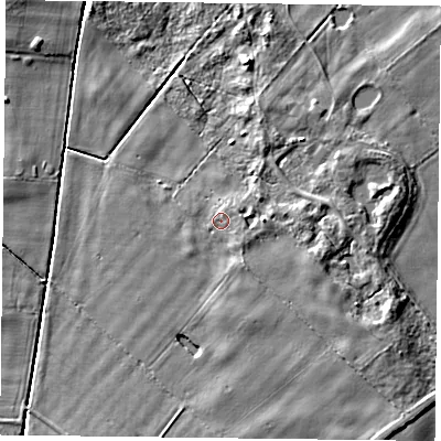 Shaded relief map of the ground around YO329TL, computed from Environment Agency LiDAR. The ground here sits at about 18 m above sea level and falls 7 m across the surrounding 800 m. Surface water reaching this point runs off ground lying to the east-south-east, 1.5 m higher.