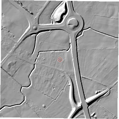 Shaded relief map of the ground around YO329TQ, computed from Environment Agency LiDAR. The ground here sits at about 13 m above sea level and falls 12 m across the surrounding 800 m. Surface water reaching this point runs off ground lying to the south-south-east, 11.1 m higher.