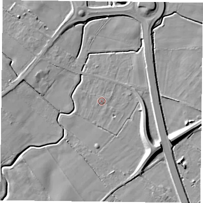 Shaded relief map of the ground around YO329TT, computed from Environment Agency LiDAR. The ground here sits at about 14 m above sea level and falls 12 m across the surrounding 800 m. Surface water reaching this point runs off ground lying to the north-north-east, 0.7 m higher.