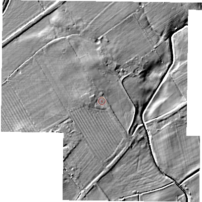Shaded relief map of the ground around YO329UA, computed from Environment Agency LiDAR. The ground here sits at about 15 m above sea level and falls 7 m across the surrounding 800 m. Surface water reaching this point runs off ground lying to the north-north-west, 1.7 m higher.