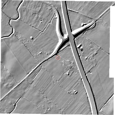 Shaded relief map of the ground around YO329UD, computed from Environment Agency LiDAR. The ground here sits at about 13 m above sea level and falls 12 m across the surrounding 800 m. Surface water reaching this point runs off ground lying to the north-north-east, 10.1 m higher.