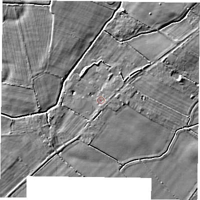 Shaded relief map of the ground around YO329UE, computed from Environment Agency LiDAR. The ground here sits at about 15 m above sea level and falls 6 m across the surrounding 800 m. Surface water reaching this point runs off ground lying to the east-south-east, 1.2 m higher.